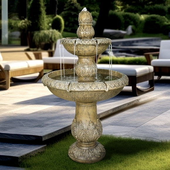 2 Tiered Floor Waterfall Fountain with Pump for Outdoor Patio Garden Backyard Decking