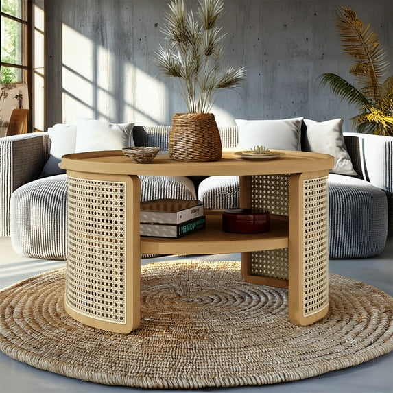 2-Tiered Rattan Coffee Table, Natural Wood Center Table with Storage Shelf and Curve Edge Design, Round Tea Table for Small Space, Living Room, Bedroom