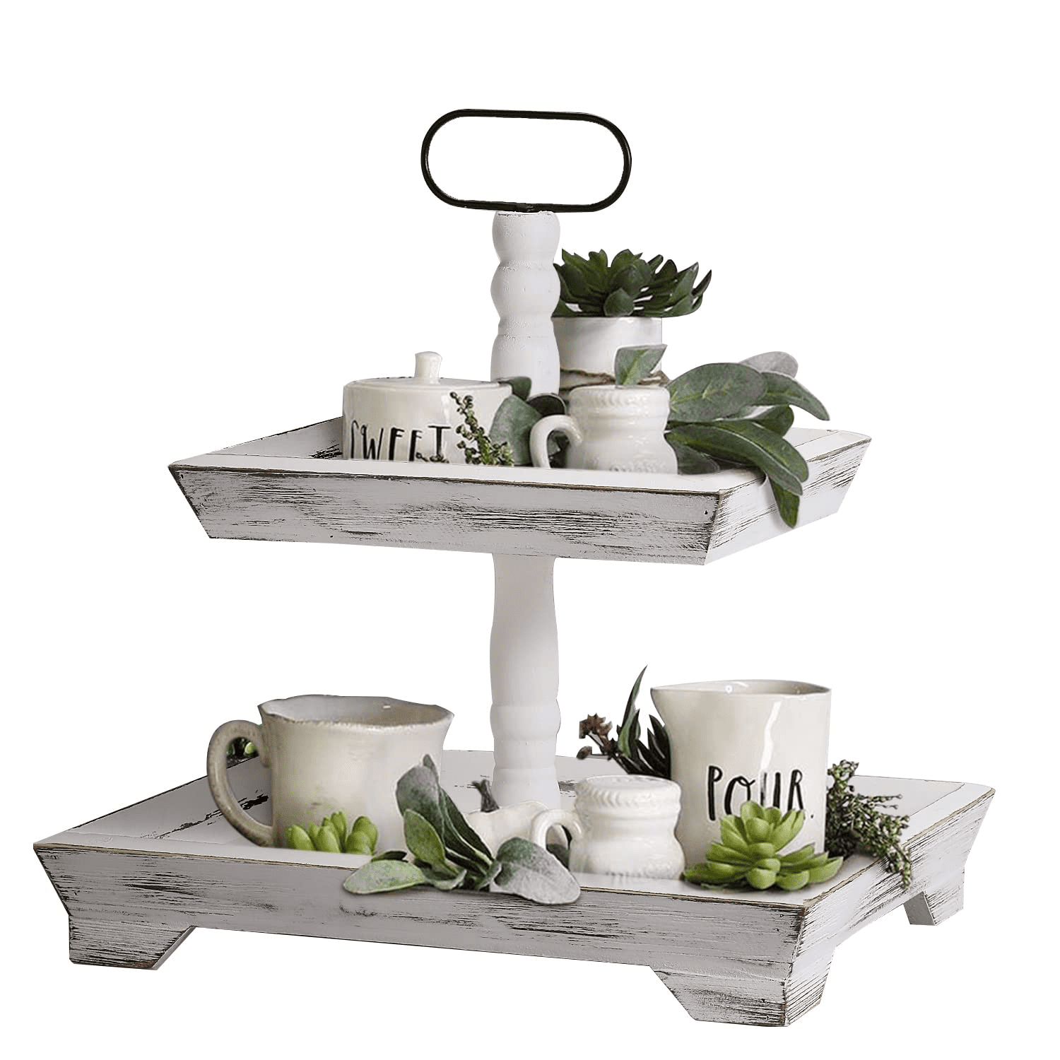 Two Tiered Tray Stand - [Large 15] White Decorative Tray [with Changeable  Handles] - Rustic 2 Tier Wooden Tray, Farmhouse Tiered Tray for Coffee