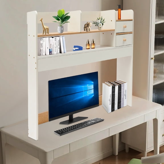 2 Tiers 2 Drawers Desktop Bookshelf,  Modern White Bookshelf with 2 Drawers, Desktop Storage Organizer 36*7*30.7in
