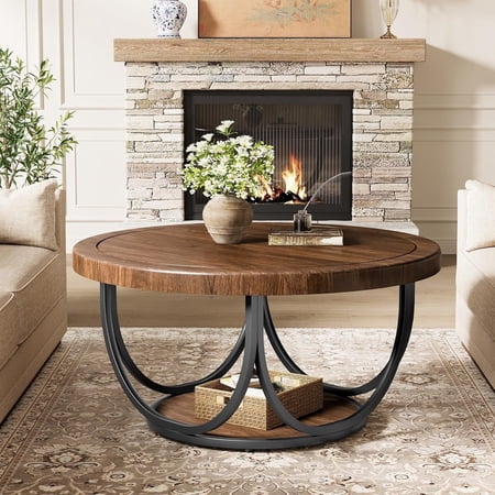 2-Tiers 35.4" Round Coffee Table, Industrial Wooden Circle Cocktail Table with Storage Shelf and Metal Frame