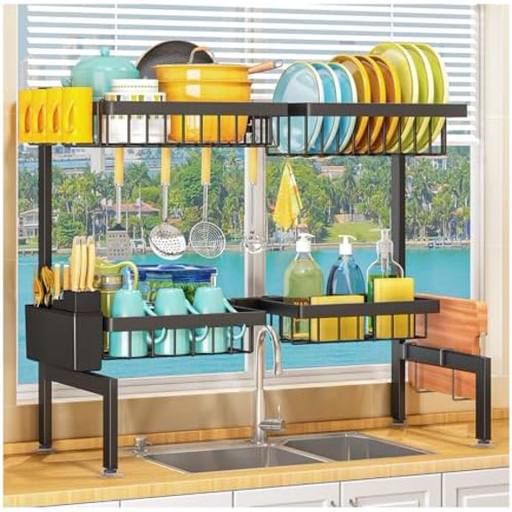2 Tiers 4 Baskets (one More Than Others) Over The Sink Dish Drying Rack,fits All Sinks (from 24.8" to 35.4"),2-Tier Adjustable Sink Rack,Dishes Rack Kitchen Storage Organizer Space Saving