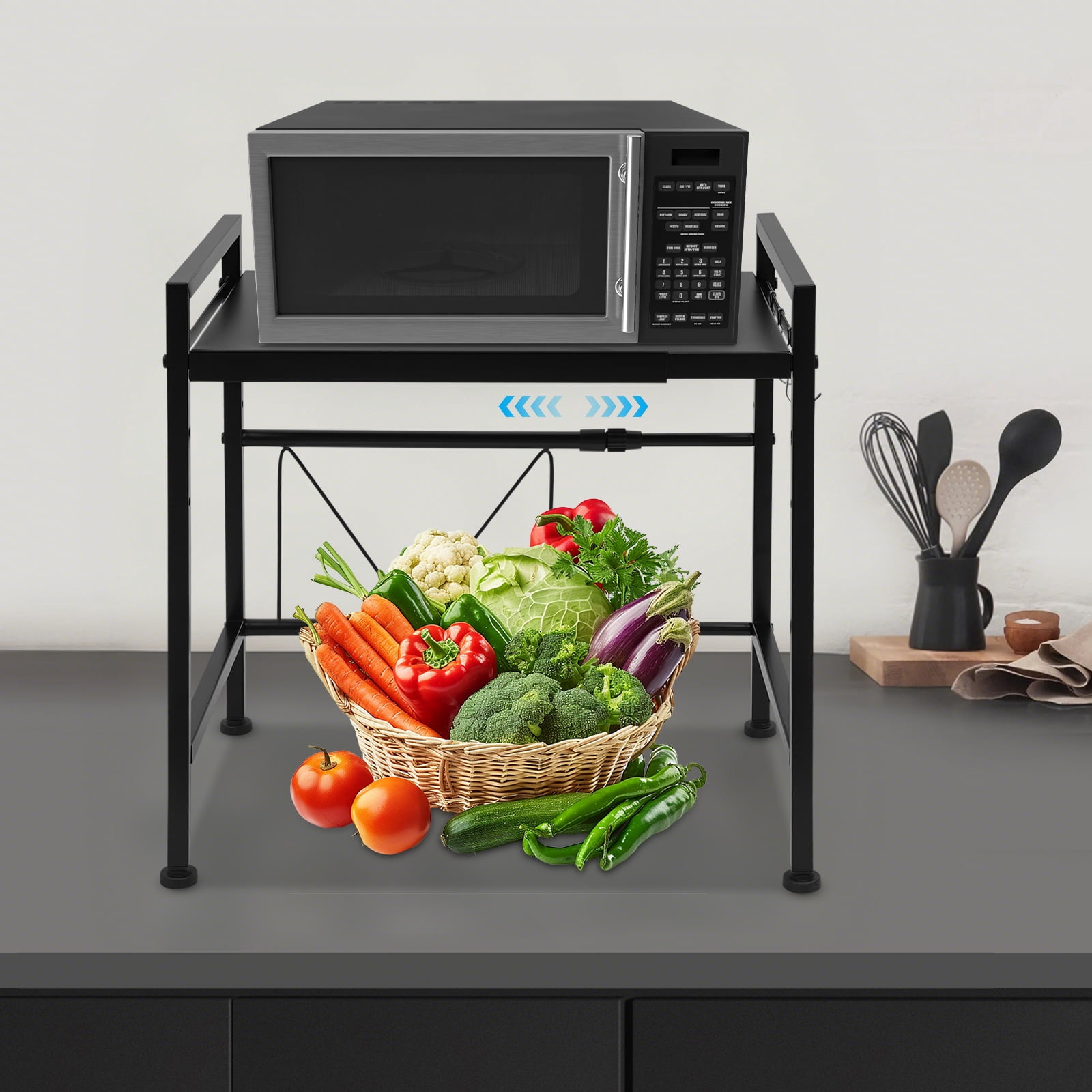 Microwav Rack 2 Tiers Black Microwave Shelf With 3 Hooks H-shaped Expandable ...