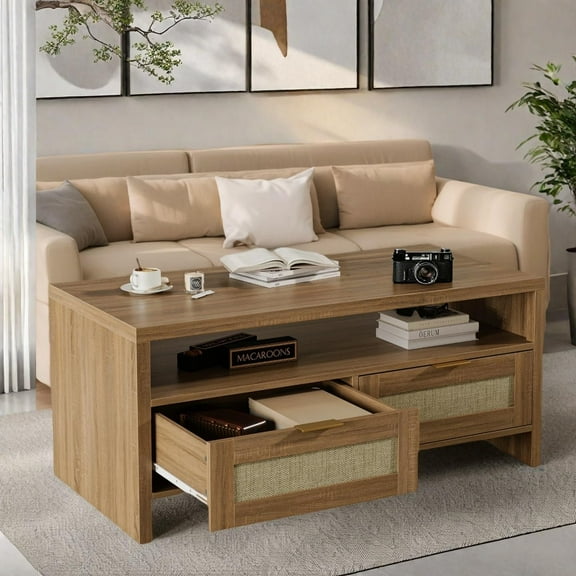 2 Tiers Boho Coffee Table with Storage,40” Mid Century Rattan Console Table with Drawers and Open Shelf, Wooden Center Coffee Table for Living Room/Apartment/Farmhouse/Bedroom/Small Place(Oak)