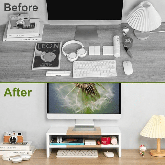 2 Tiers Desktop Monitor Stand Riser 20 Inch Printer Stand with Storage Small TV Riser Laptop Wooden Desk Organizer Shelf Bookshelf Maple