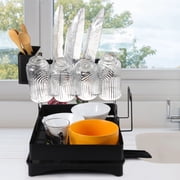 2 Tiers Dish Drying Rack, Foldable Stainless Steel Dish Rack with Detachable Cup Rack, Utensil Holder, and Lid Holder, Space-saving Dish Strainer with Drainboard for Countertop