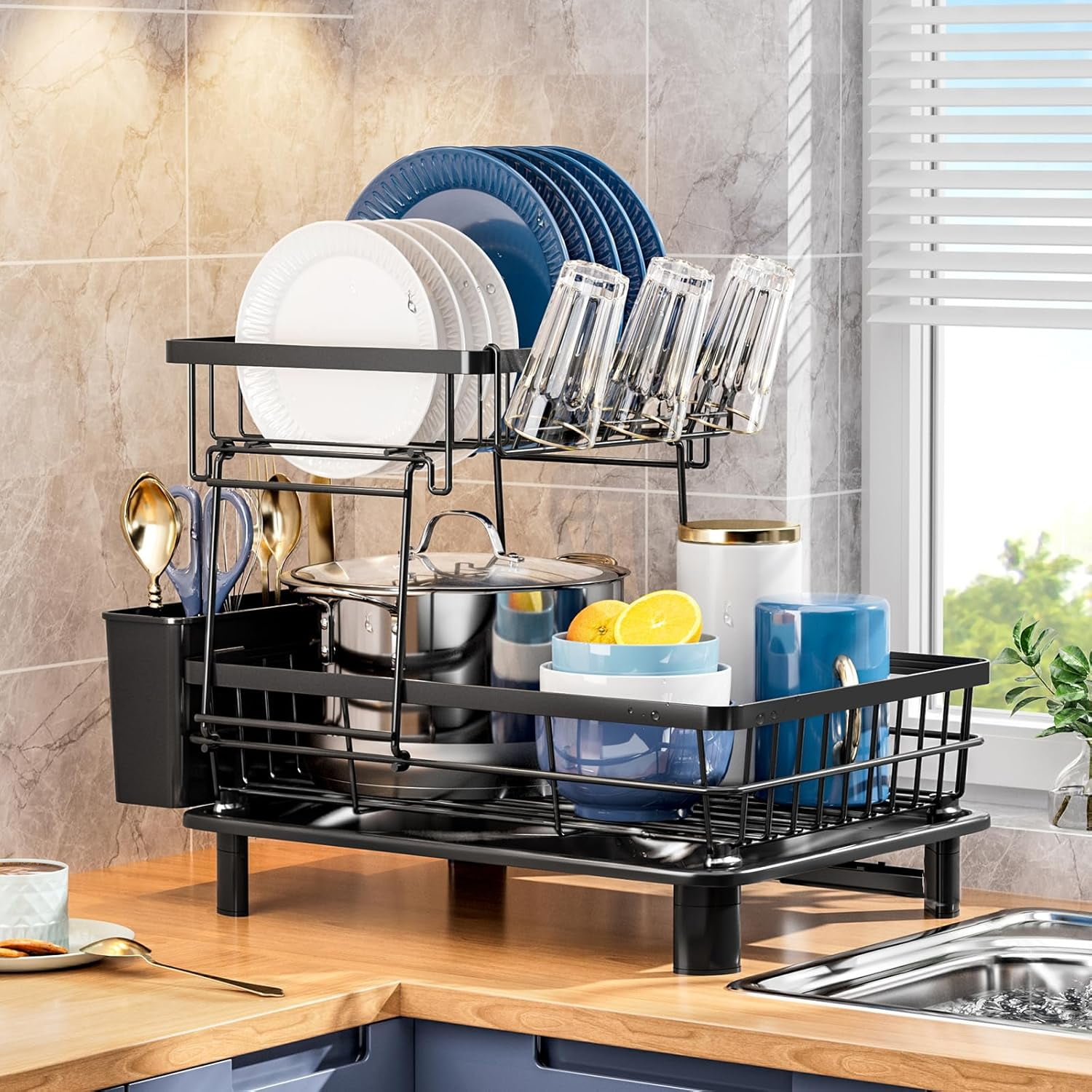 2 Tiers Dish Drying Rack, Space-Saving Dish Racks for Kitchen Counter ...