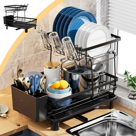 2 Tiers Dishs Drying Rack,Utensil Holders for Kitchen Counter,Dishes Drainer Drying Rack with Drainboard,Space-Saving Storage Containers for Sponges,Soap,Brushes(15x11x12.2Inch)