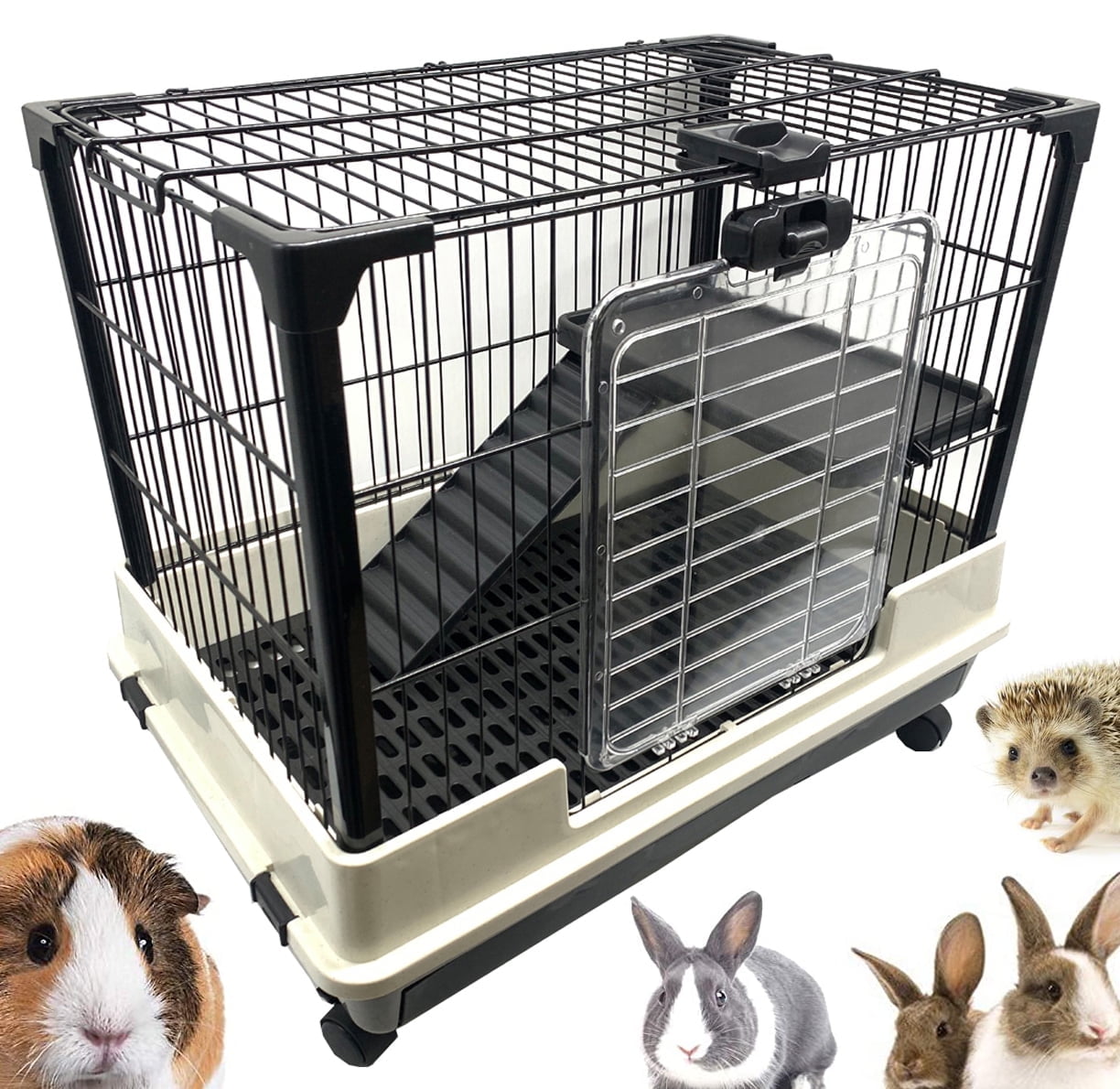 2-Tiers Durable Small Animal Pet Bunny Cage for Guinea Pig Ferret Chinchilla Cat Playpen Rabbit Hutch with Solid Platform & Ramp Leakproof Litter Tray, 2 Large Access Doors, Lockable Casters