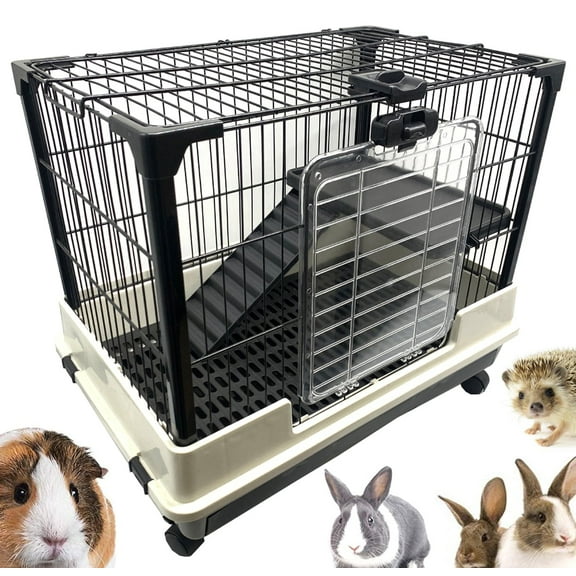 2-Tiers Durable Small Animal Pet Bunny Cage for Guinea Pig Ferret Chinchilla Cat Playpen Rabbit Hutch with Solid Platform & Ramp Leakproof Litter Tray, 2 Large Access Doors, Lockable Casters