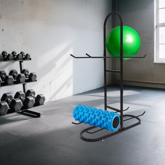 2 Tiers Exercise Ball Holder, Yoga Ball Storage Rack, Freestanding Stabilising Ball Rack, Stability Ball Shelf used in garages, living rooms, gyms, schools, and sports equipment store