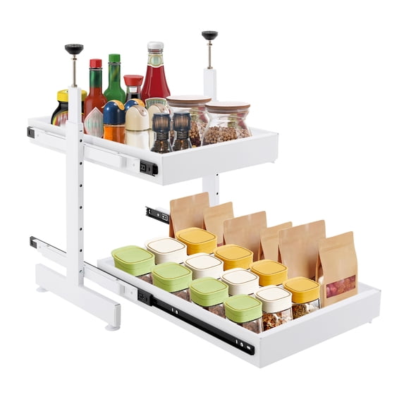 2 Tiers Expandable Pull-out Cabinet Organizer, Slide Out Drawers for Cabinets White