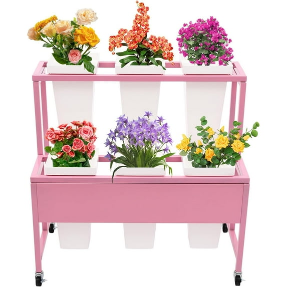 2 Tiers Flower Display Stand with 6 White Square Buckets Plant Stand with Wheels Heavy Duty Moving Flower Rack Cart Indoor Outdoor Floral Holder for Bar Patio Garden Florist (Pink Shelf)