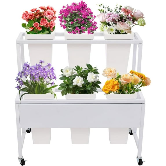 2 Tiers Flower Display Stand with 6 White Square Buckets Plant Stand with Wheels Heavy Duty Moving Flower Rack Cart Indoor Outdoor Floral Holder for Bar Patio Garden Florist (White Shelf)