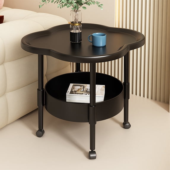 2 Tiers Four Leaf Clover End Table, Freestanding Coffee Tea Table with Wheels, Easy Small Apartment Bedside Table, White Modern Side Table, for Bedroom, Balcony, Office,16"x19", Black
