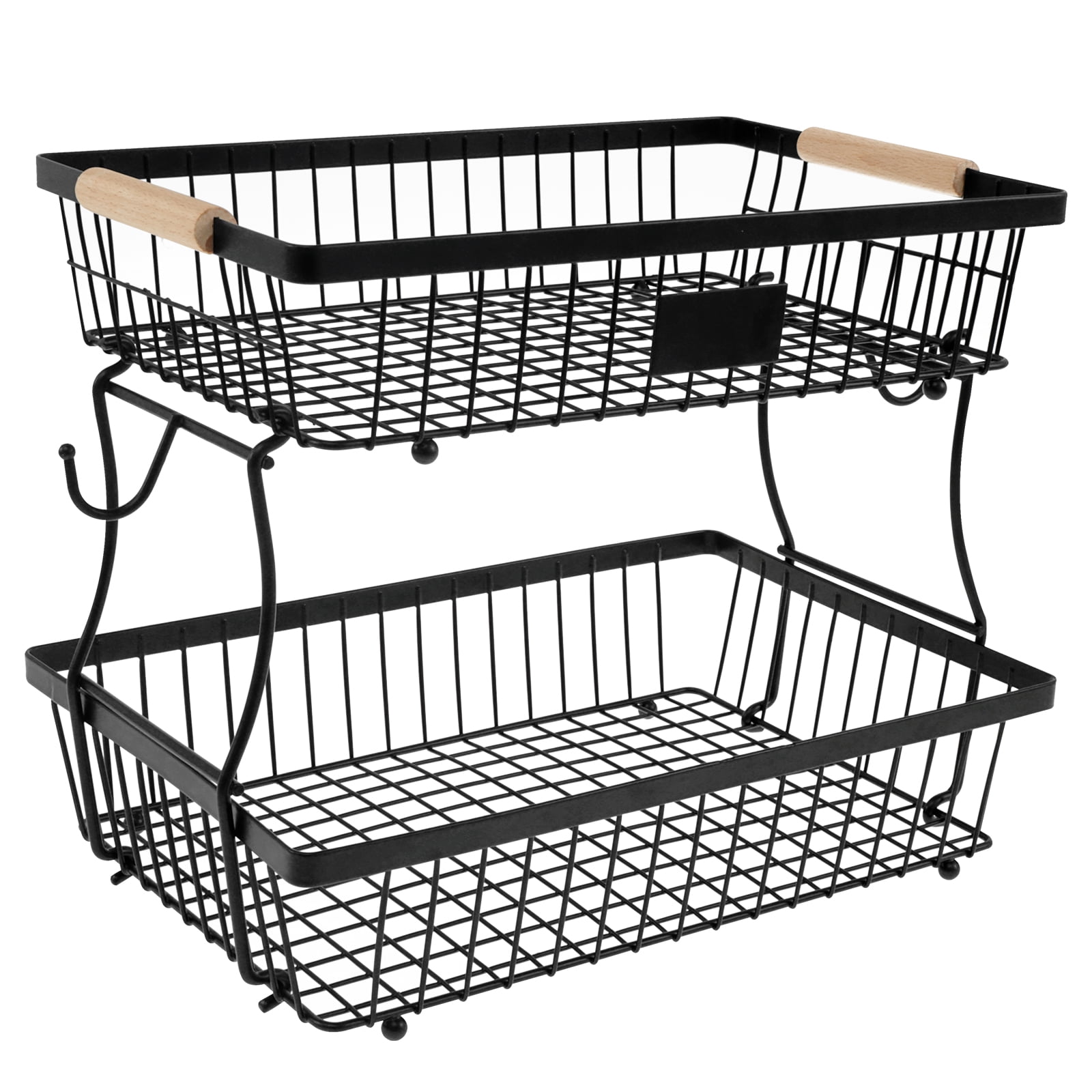 2 Tiers Fruit Basket with 2 Banana Hangers and Wood Handles Detachable Fruit Holder Multifunctional Fruit Rack Kitchen Countertop Rack for Vegetable Fruits Black