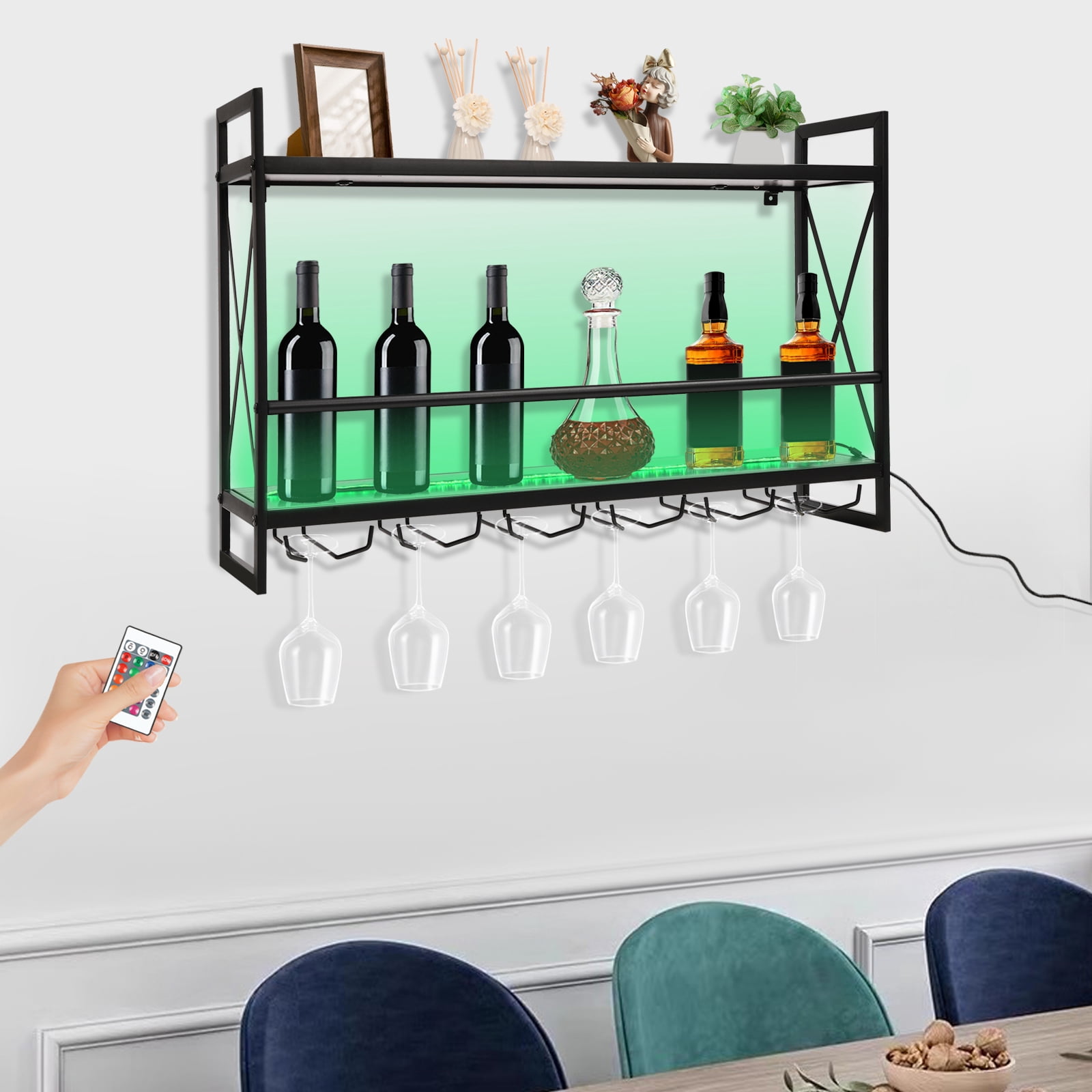 2-Tiers LED Wine Racks Wall Mounted Remote Control Rustic Bottle Holder ...