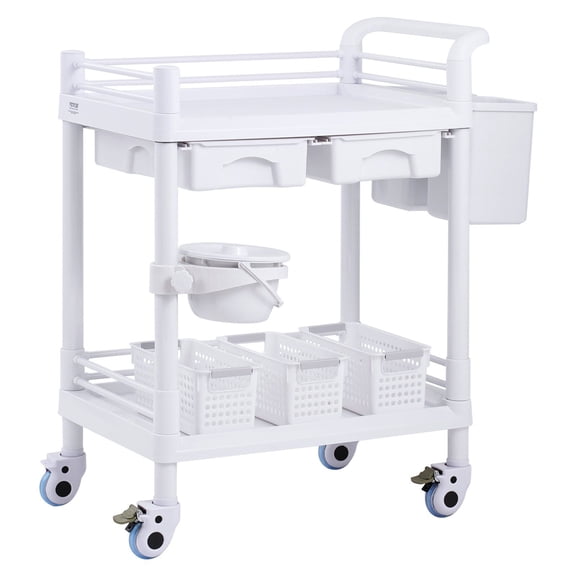 2 Tier Lab Utility Cart with 2 Trays 2 Drawers 4 Silent Wheels 3 Trash Cans Mobile Medical Rolling Cart PP Material for Lab Clinic Hospital Salon White
