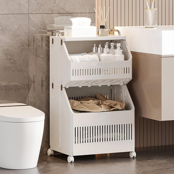 2 Tiers Laundry Basket with Wheels and Handle,Rolling Laundry Hamper,Multifunction Storage Cart for Kitchen, Bathroom,Bedroom,Laundry Room