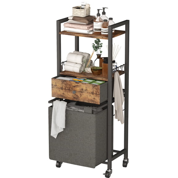 2 Tiers Laundry Hamper with Fabric Drawer and 2 Wooden Shelves, Laundry Basket with Removable Bag and 8 Storage Hooks, Laundry Sort with Divided Bag for Laundry Room, Bathroom, Bedroom, Dorm