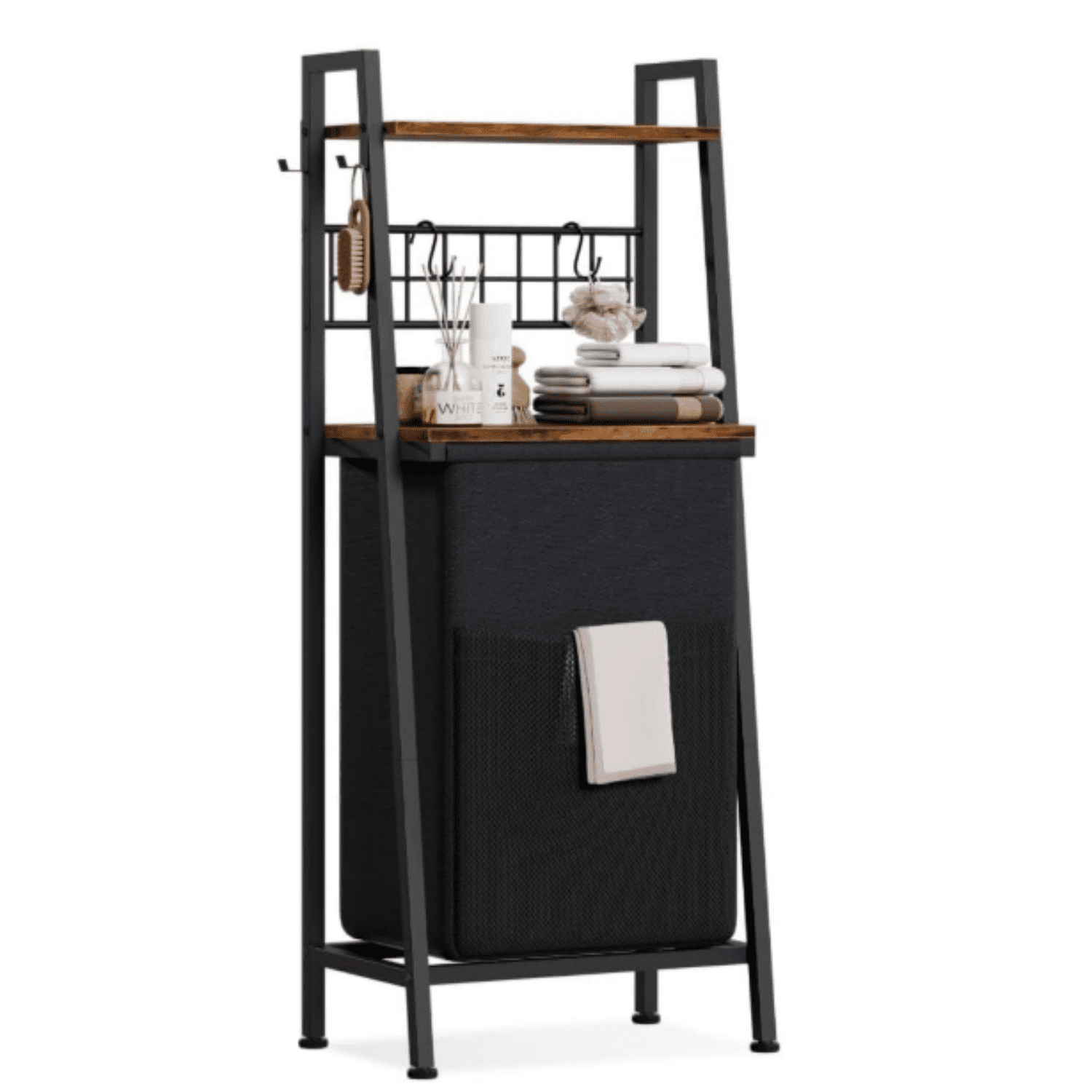 2 Tiers Laundry Hamper with  den Shelf an Hooks, Vertical Laundry Basket with Pull-Out an e vable Bag, Clothes Hamper with Divide Bag for Laundry Room, Bathroom, Bedroom, Dorm