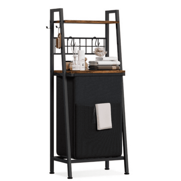 2 Tiers Laundry Hamper with den Shelf an Hooks, Vertical Laundry Basket with Pull-Out an e vable Bag, Clothes Hamper with Divide Bag for Laundry Room, Bathroom, Bedroom, Dorm