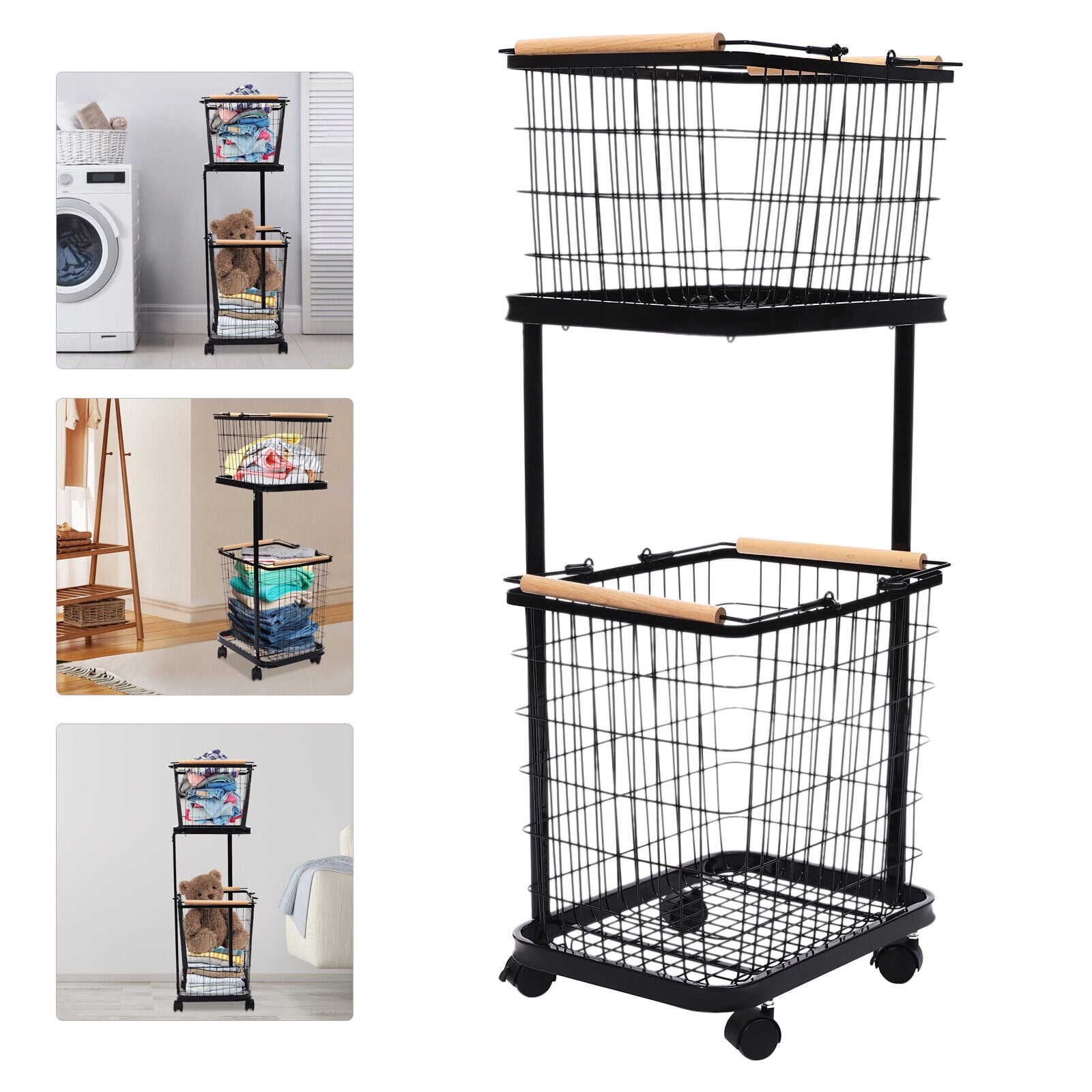 Black Iron 2-Tier Laundry Basket with Beech Wood Handles and Wheels