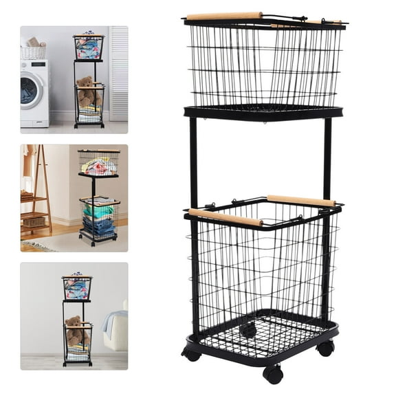 2 Tiers Metal Laundry Basket on Wheels Rectangular Black Large Laundry Hampers Laundry Room Organization and Storage with Removable Wire Baskets Clothing Sorting Laundry Baskets