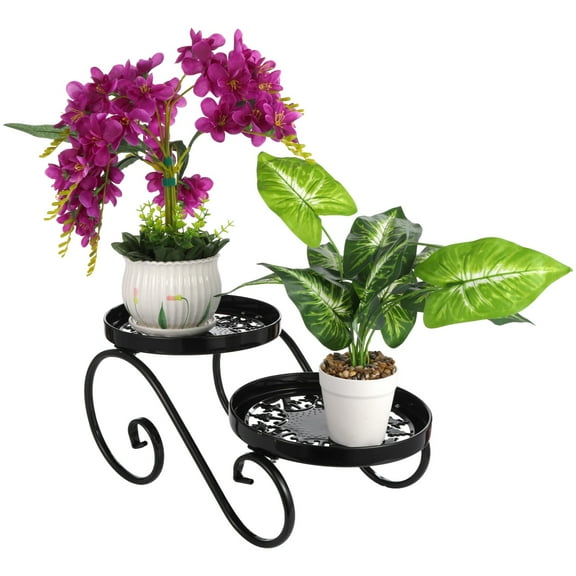 2 Tiers Metal Plant Stand, Elegant Vintage Curved Indoor Plant Shelf, Floor or Desktop Black Flower Pot Holder for Home Office Cafe