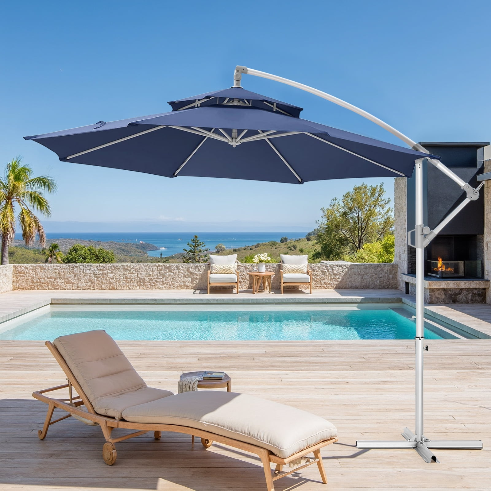 2 Tiers Offset Patio Umbrella, 10 Ft Outdoors Patio Umbrella with Better ventilation and heat insulation, Tilt Adjustment and Crank for Pool Deck and Garden, Blue