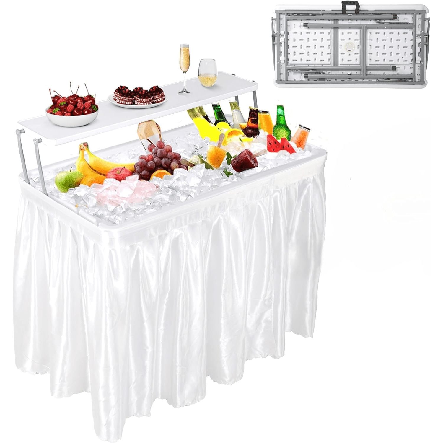 2 Tiers Outdoor Folding Ice Cooler Table with Matching Skirt, Portable Party Table with Grid Rack & Drain Hose for Patio Picnic Camping Wedding, White