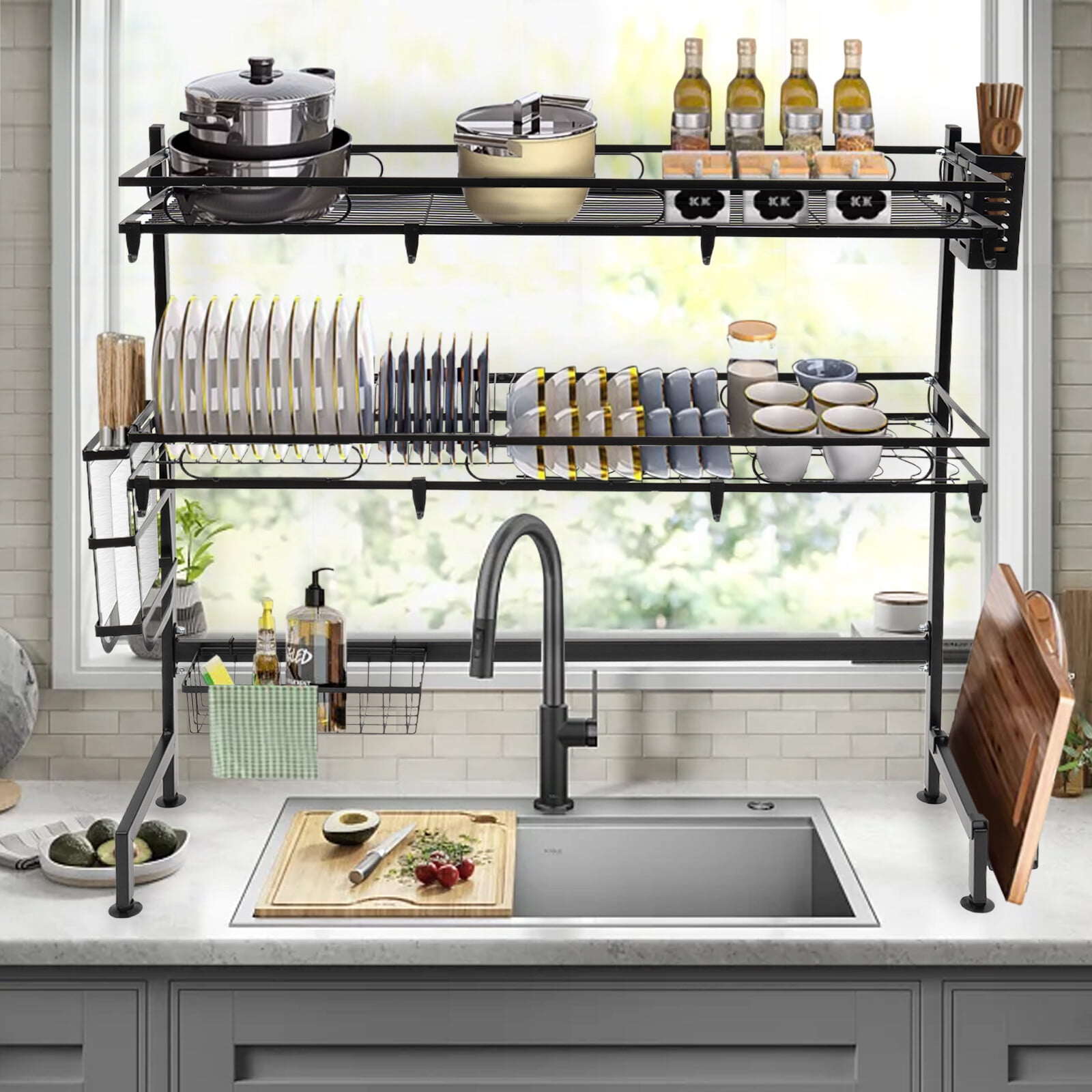 2 Tiers Over Sink Dish Drying Rack Cutlery Drainer Kitchen Shelf Cup Organizer Black for Home Kitchens