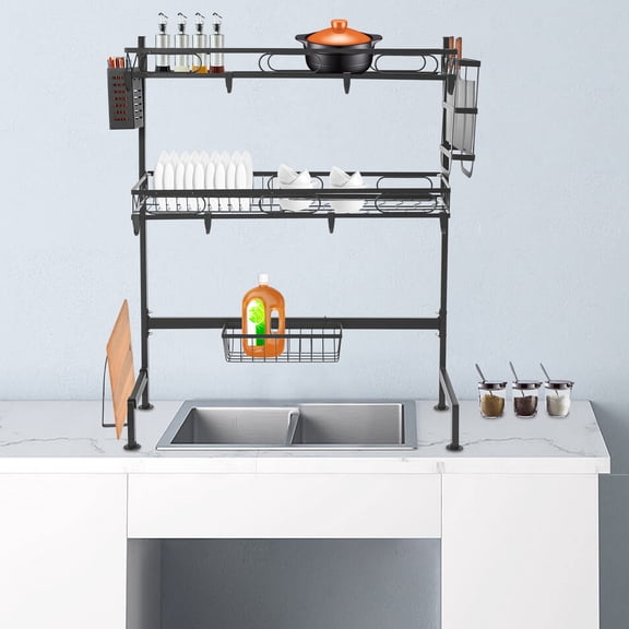 2 Tiers Over Sink/Kitchen Countertop Dish Drying Rack Black Modern Over Sink Dish Drying Rack with High Guardrail