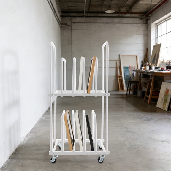 2 Tiers Rolling Art Canvas Storage Rack, Heavy-duty Storage Stand for Art Studio White