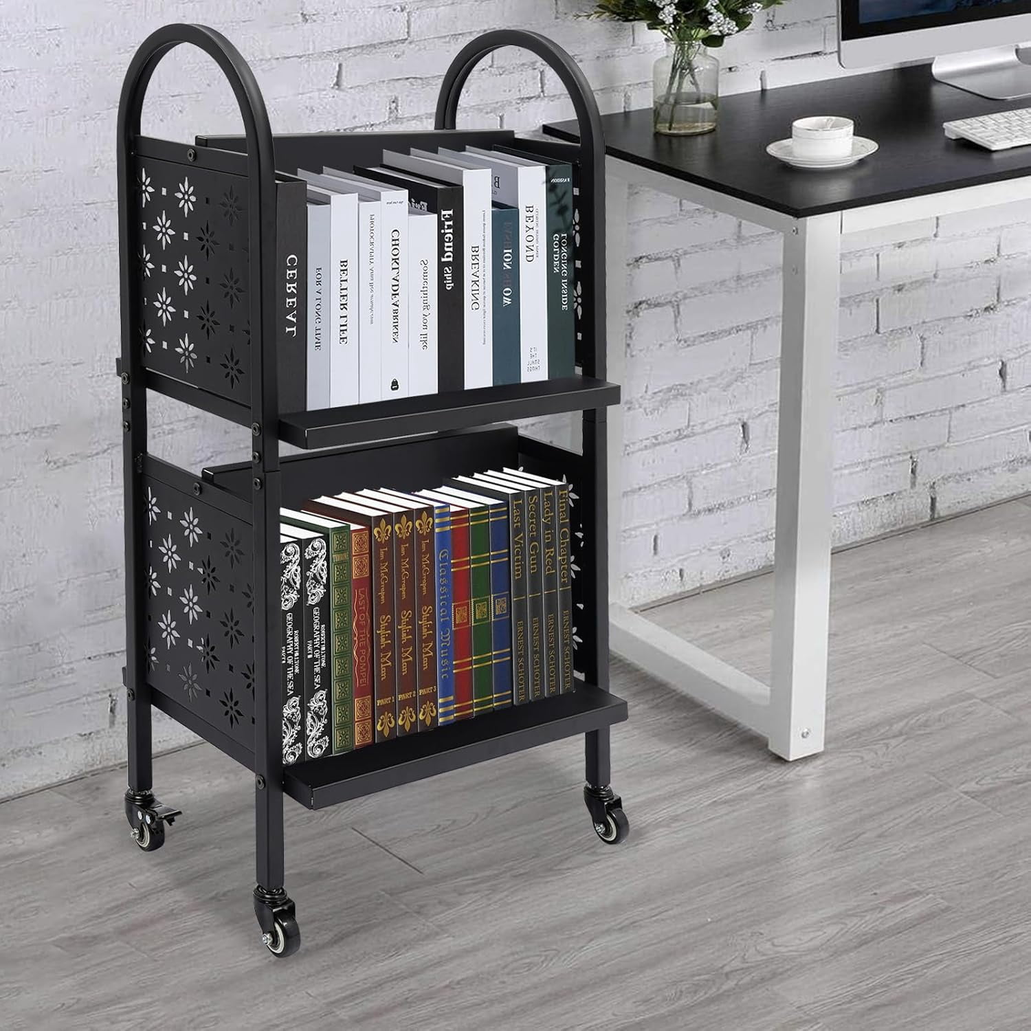 2 Tiers Rolling Book Cart with Handle, Rolling Utility Cart Mobile Book ...