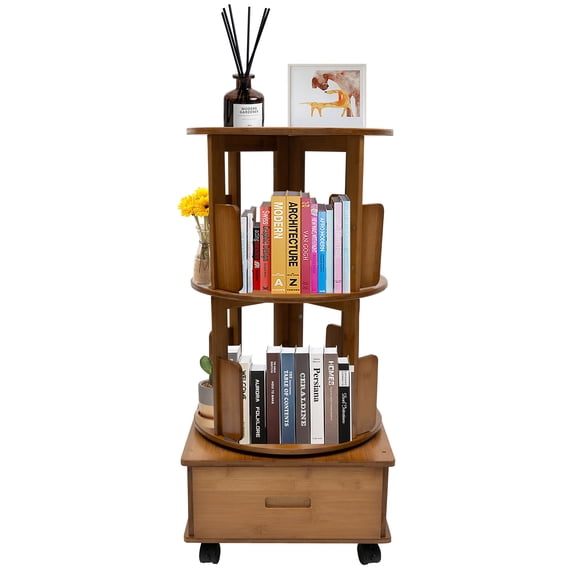 2 Tiers Rotating Bookshelf, Round Bed Side Bamboo Nightstand, 360°Rotating End Table, 8 Compartments Multi Storage Side Table with Wheels for Living Room,Bedroom,Study,Office