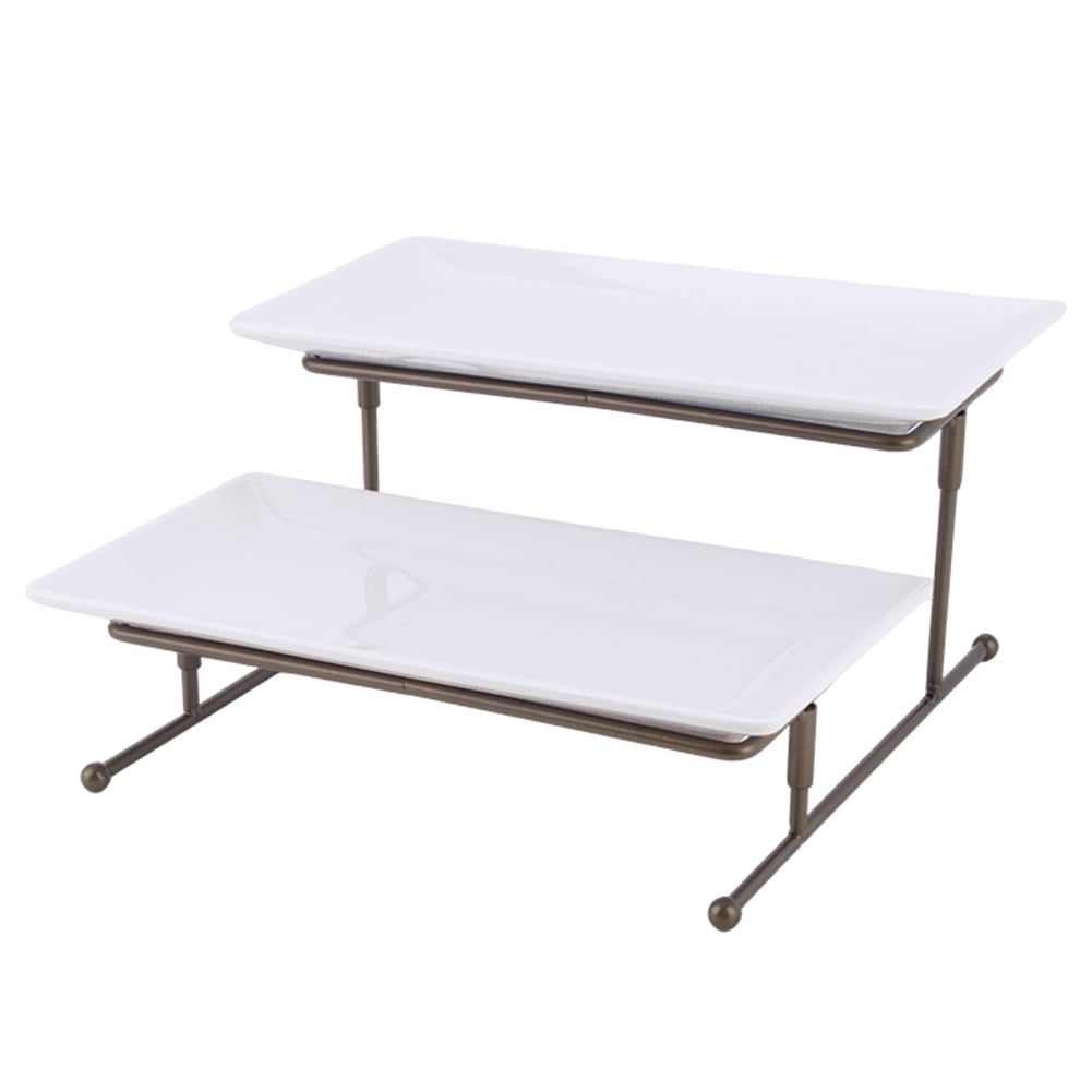 2 Tiers Serving Trays Set, 10 inch Serving Platters with Collapsible Rack, White Dessert Stand for Fruit Food
