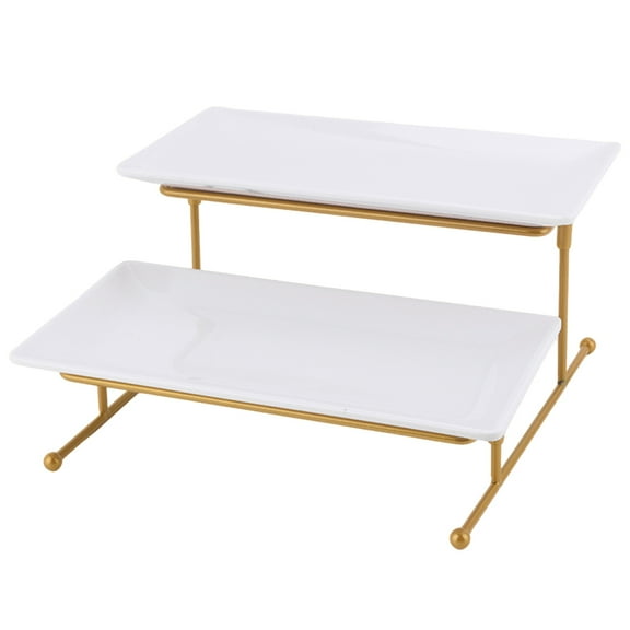 2 Tiers Serving Trays Set, 10 inch Serving Platters with Collapsible Rack, White Dessert Stand for Fruit Food