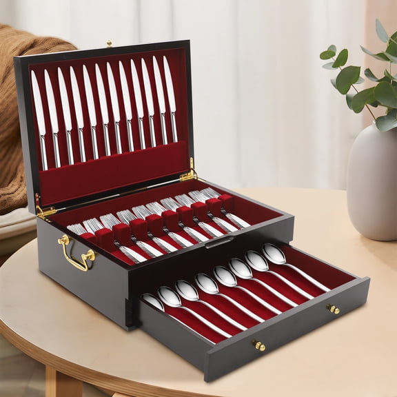 2 Tiers Silverware Storage Box, Kitchen Wooden Drawer Organizer with Lid, Flatware Storage Case