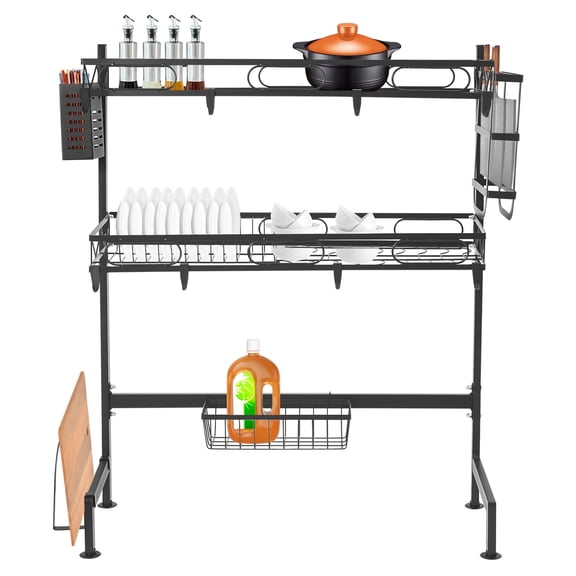 Shangmakel 2 Tiers Over Sink Dish Drying Rack with Large Capacity, Cutlery Drainer Countertop Dish Racks Cup Organizer Kitchen Storage Shelf Black for Bowls Dishes Utensils