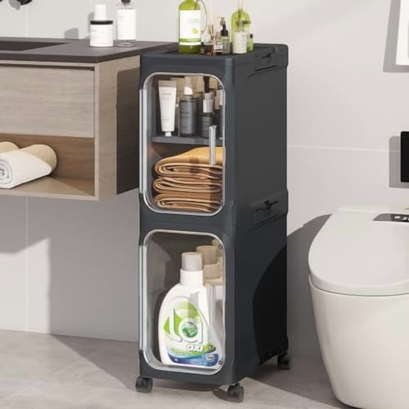 2-Tiers Slim Bathroom Storage Cabinet, Foldable Storage Cabinets,Narrow Bathroom Storage,Movable Bathroom Storage Organizer for Small Spaces,Bathroom,Kitchen,Laundry,Black
