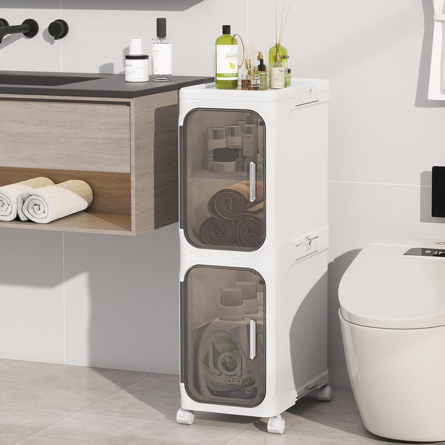 2-Tiers Slim Bathroom Storage Cabinet, Foldable Storage Cabinets,Narrow ...