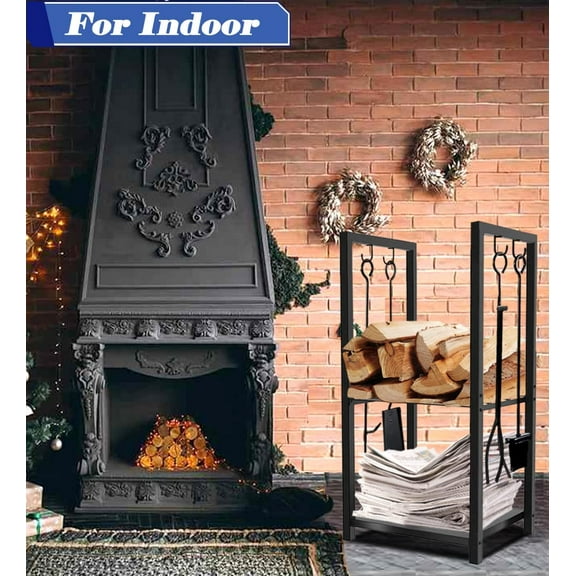 2 Tiers Small Firewood Log Storage Rack Holder for Indoor Fireplace or Outdoor , Black