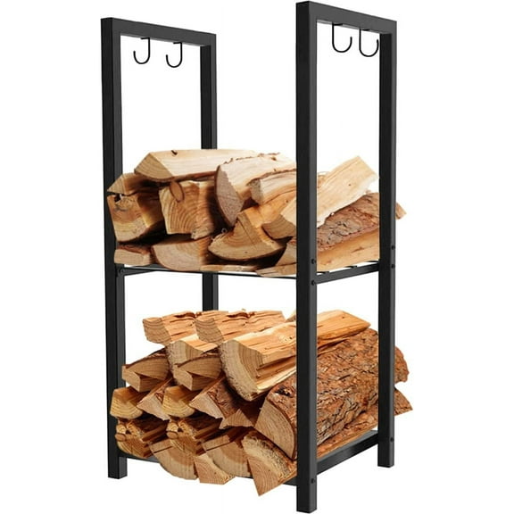 2 Tiers Small Firewood Log Storage Rack Holder for Indoor Fireplace or Outdoor Patio, Black