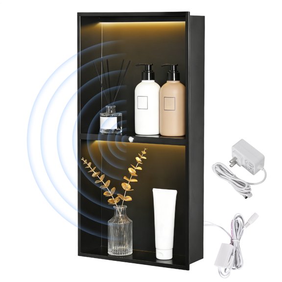 2-Tiers Smart Body Sensor Shower Niche, 24x12 in Stainless Steel Wall Cabinet with Non-Dimmable 3000K LED Light, Waterproof No Tile Needed Recessed Installation for Bath Storage