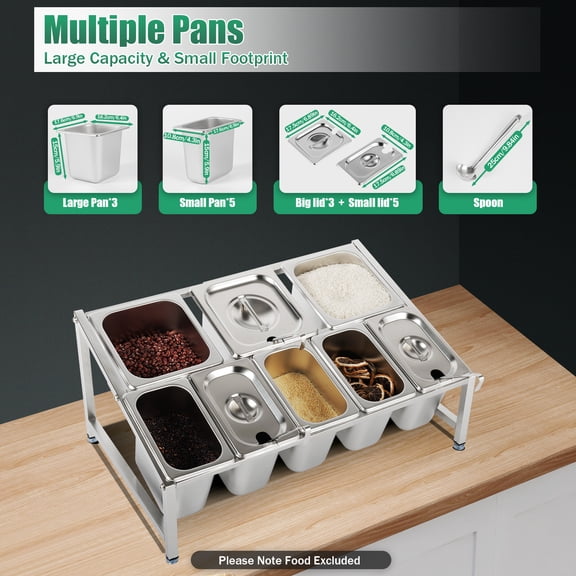 2 Tiers Spice Rack Stainless Steel Seasoning Organizer 5X 1/9 Pans+3X 1/6 Pans for Commercial Kitchens, Cafes, Beverage Shops, Restaurants, Banquets, Buffets, Parties, Hotels, Barbecues