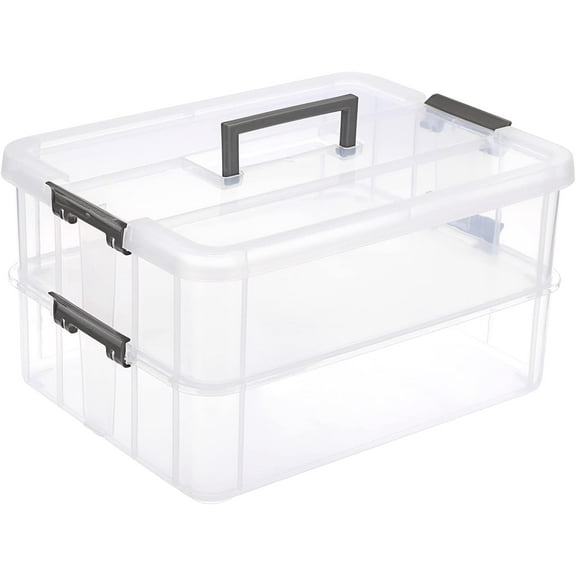 2-Tiers Stack Carry Storage Box With Handle, Transparent Stackable Storage Bin With Handle Lid Latching Storage Container for School & Office Supplies