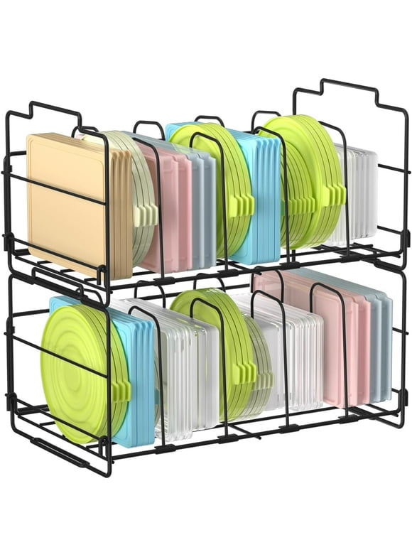 2 Tiers Stack Metal Food Container Lid Organizer 8 Dividers Storage Container Lid Holder Rack for Cabinets, Cupboards, Pantry Shelves, Drawers to Keep Kitchen Tidy