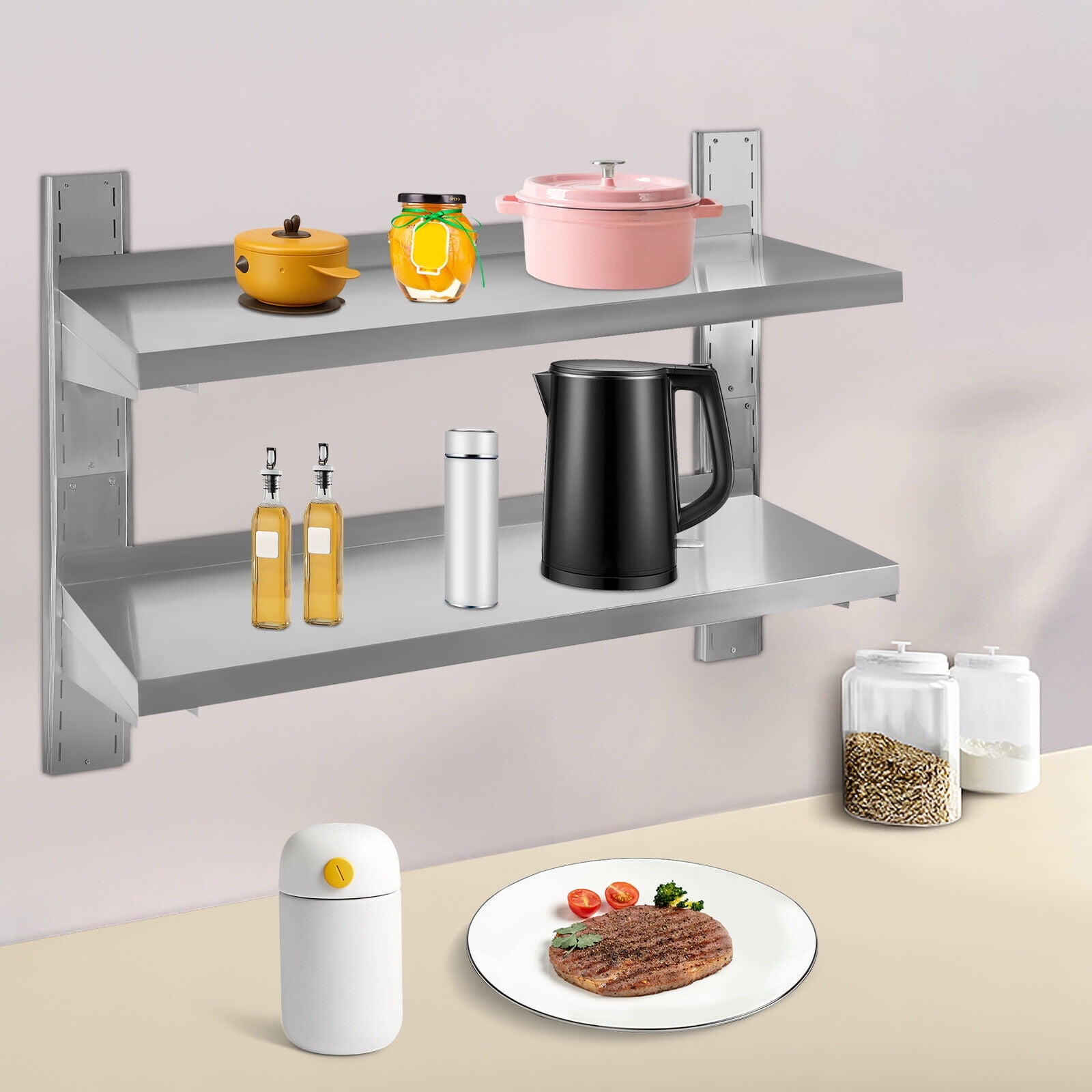 2 Tiers Stainless Steel Wall Mounted Shelf Commercial Kitchen ...