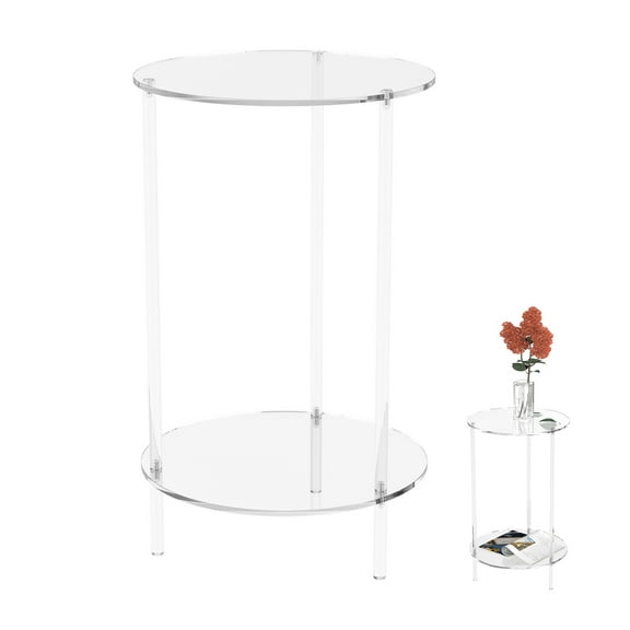 2 Tiers Transparent Acrylic Round Table Multipurpose Easy Cleaning Clear Side Table With Smooth Surface for Living Room Bedroom Office